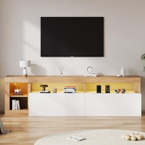 Mueble de TV moderno que puede acomodar televisores de hasta 80 pulgadas, espacio de almacenamiento abierto con iluminación ambiental, adecuado como armario de dormitorio y sala de estar, marco de