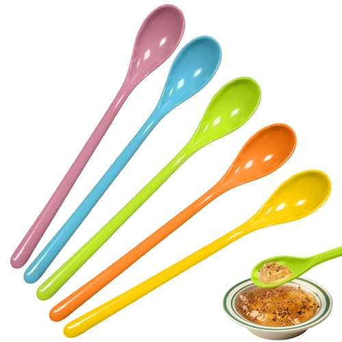 Alovez 5 Stück Plastiklöffel, Eierlöffel Plastik Lang, Lange Löffel, Plastik Eierlöffel, Lang Kunststoff Bunt für Dessertlöffel, Marmeladenlöffel, Eis, Joghurt