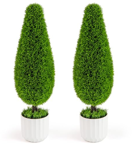RELAX4LIFE 2er-Set Kunstbaum Zypresse, künstlicher Bäume mit UV-Schutz, Kunstpflanze 90 cm hoch, dekorativer Kunstbaum mit stabilem Topf, Fake Plant wie echt für draußen und drinnen, Grün