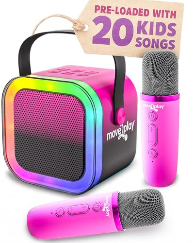Move2Play, Mini machine de karaoké pour enfants | Comprend plus de 20 chansons pour enfants | 2 microphones | Connexion avec Bluetooth | Cadeau d'anniversaire pour enfants de 2, 3, 4, 5 ans et plus |
