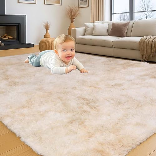 INSPIRE HOMEWARE Rugs Living Room 120 x 170 cm Soft Fluffy Tie Dye Cream Area Rugs for Bedroom Non Shedding Modern High Pile Carpet for Lounge Nursery Rug for Kids Room