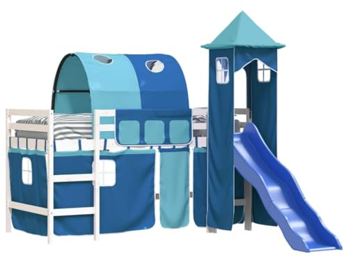 Goldicoo Kinder Hochbett mit Vorhänge – Blau – 80x200 – Massivholz Kiefer – Kinderbett für Jungen und Mädchen