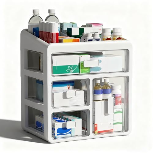 Jenmayt 4-stöckiger Hausapotheke Schrank,Medikamentenschrank-Organizer,Medizinische Lagerung Container mit transparenter Schublade,Medikamenten Aufbewahrung,für Arzneimittel,Kleine Kosmetika(Weiß)