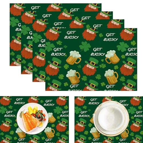 Lot de 4 Sets De Table Lavable Chope À Bière Shamrock 45x30cm, La Saint-Patrick Set De Table Rectangulaire pour Décoratif Table De Salle à Manger Cuisine Restaurant Toile De Lin, Vert