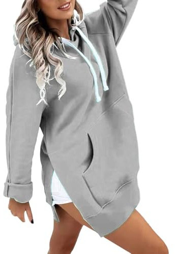 Générique Lång huvtröja för dam - överdimensionerad huvtröja sidoslits sweatshirt enfärgade toppar med dragsko bekväm tröja tröjor, Färg: grå, L