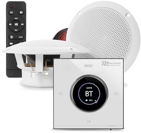 Power Dynamics Powerline Bluetooth Bathroom Ceiling Speaker System with In-Wall Amplifier, LCD Touch Control, Waterproof 4 Ceiling Speakers & Speaker Cable – Complete Bathroom Audio Solution