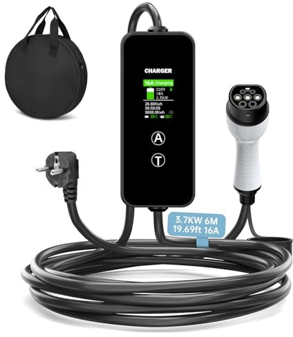 Ladekabel Typ 2 3,7kW [6m, 8-16A] EV Charger mit Steuerbarer Digitalanzeige und Mehreren Schutz，Stromstärke/Ladeleistung Einstellbar 8|10|13|16A, Tragbares EV Ladegerät für PHEV/EV Elektroautos