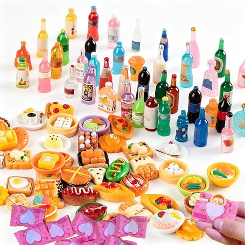 Mini Food, 50 Piece Miniature Food Set for Dollhouse Play, Creative Pretend Play Kitchen Accessories, 15 Bottles and 35 Food Items for Educational Skill Development