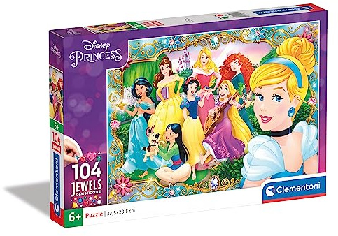 Clementoni 20147 Jewels Puzzle Disney Princess – Puzzle 104 Teile ab 6 Jahren, farbenfrohes Kinderpuzzle mit Glitzersteinen zum Aufkleben, Geschicklichkeitsspiel für Kinder