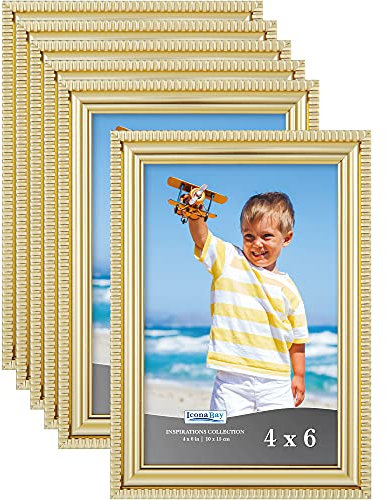 Icona Bay - 6x4 inch Picture Frames - Gold, 6 Pack - Beautifully Detailed Moulding - Contemporary Picture Frame Set - Wall Mount or Table Top - Inspirations Collection