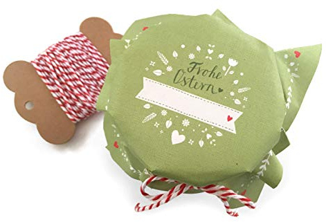 25 Marmeladendeckchen - Frohe Ostern - Gläserdeckchen grün weiß für Marmelade, Marmeladengläser & Einmachgläser, Recyclingpapier Abreißblock + 10 m Garn + Justiergummi