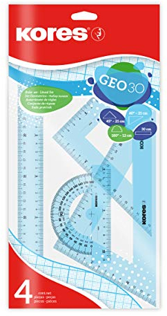 Kores - Geo30: 4-teilges Mathematik-Set für Kinder und Schüler, Kunststoff Geometrie Set mit Lineal, Winkelmesser und Zeichendreieck, Schulbedarf, Set in sortierten Farben