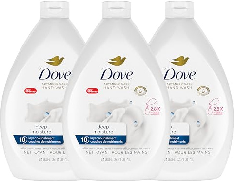 Dove Advanced Care Hand Wash Refill Deep Moisture – Value Size, Pack of 3 (34 oz Refill Bottles) | Moisturizing Liquid Hand Soap for Dry Skin
