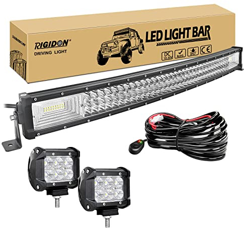 RIGIDON 32 Zoll 80cm 405W Gebogene led lightbar, led lichtleiste 4x4 kfz | 12v kabelbaum kit, 2x 4 zoll 18W arbeitsleuchte, flood, led pods, offroad beleuchtung, für auto ATV SUV LKW Pickup Fahrzeuge