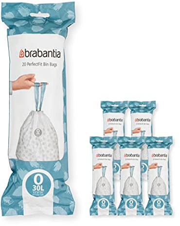Brabantia Sacs Poubelle PerfectFit Multipack (Code O/30 Litres) Ultra Résistant, Poignées Coulissantes, 6 rouleaux (120 Sacs) 138485 Blanc