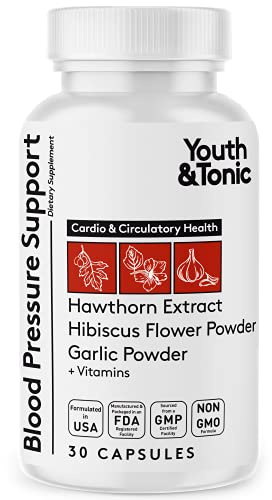 Youth & Tonic Natural Blood Pressure Support Supplement w/Hawthorn Hibiscus & High Potency Diuretic Herbs & Vitamins for Water Retention | 30 BP Capsules to Maintain a Good Health | Women & Men