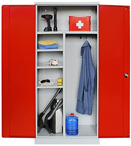 Schrank & Stuhl Mehrzweckschrank | Besenschrank | Spindschrank mit Hakenleiste und 6 Fächern, 195x92x42, komplett montiert, Grau/Rot