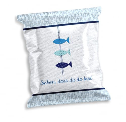 Gummibärchen Mini-Tütchen, 50 Stück Fruchtgummi Päckchen Fische blau als Tischdeko & Gastgeschenk Taufe Kommunion Konfirmation Hochzeit Geburtstag, Hergestellt in der EU, 7 x 9 cm
