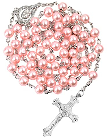 Karjiaja Pink Pearl Glass Rosary Necklace with Crucifix Charms - Catholic Prayer Beads for Men and Women