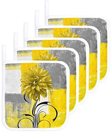 Gelbe Dahlien-Blumentopfhalter, 5er-Set, Grauer geometrischer Topflappen für die Küche, hitzebeständige Hot Pads, Ölgemälde Hot Mats Topflappen zum Kochen, Backen, Grillen