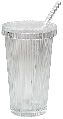 Disnace Kristallstreifen Glasbecher, Einmachglas mit Lippe und Strohhalm, breite Öffnung, Wassertrinkbecher für Saft, Milch, Kaffee