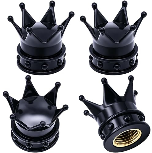 MEAJOO 4PCS Crown Tire Valve Stem Caps, with O Rubber Ring, Tire Air Valve Cap Plastic with Brass Core, Universal Cars, SUV, Trucks, Bikes, Motorcycles, Bicycles (Black)