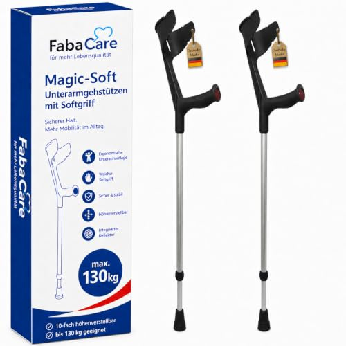 FabaCare Krücke mit Softgriff Magic-Soft, 2 Stück Unterarmgehstützen mit Softgrip, Gehhilfe höhenverstellbar, leichte Gehstütze, Unterarmkrücke bis 130 kg, Schwarz