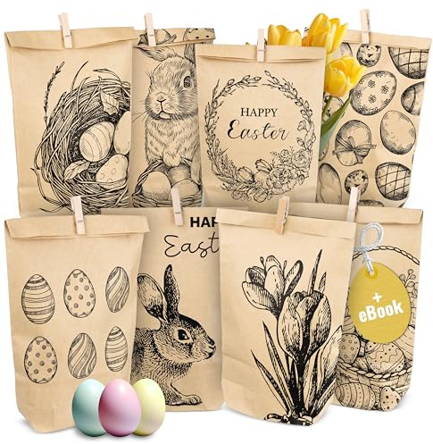 AMARI ® Ostertüten Set (12 Stück inklusive Klammern) - Geschenktüten für Ostern aus Papier - Ostern Papiertüten - Ostertüten zum Befüllen