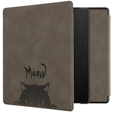 kwmobile Hülle kompatibel mit Amazon Kindle Oasis 10. Generation Hülle - Kunstleder Cover - Katze Meow Grau Schwarz