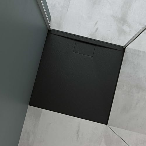 Mai & Mai Piatto Doccia 80x80 cm con Piletta, Spessore 3cm, Piatto Doccia Quadrato Ultrasottile in Resina Effetto Pietra, Antiscivolo Indistruttibile, Antracite Opaco, Geoma07