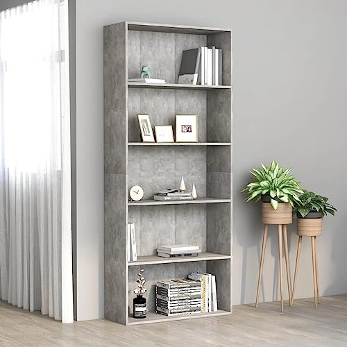 CBLDF Bücherschrank, 5 Etagen, Betongrau, 80 x 30 x 189 cm, Holzwerkstoff
