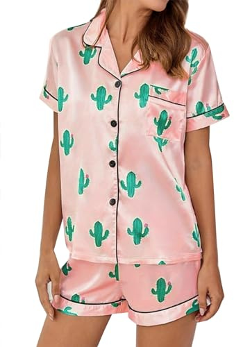 GOSO Damen Pyjamas Set Floral gedruckt Kurze Ärmel Shorts Satin Seide Pyjama Sets für Frauen Set Pjs Sleepwear Nachtwäsche Soft Lounge Sets für Frühling/Sommer