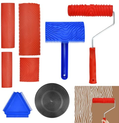 STAXAR 8 Stück Holzmaserung Werkzeug Painting Holzmaserungswalze Holzmaserungswalzen Werkzeuge mit Griff Gummi Holzstruktur Werkzeug zum Dekorieren Gummi Malwerkzeug für Wanddekoration
