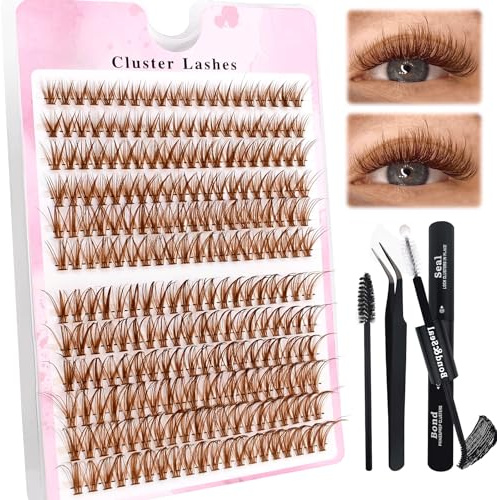 240 Pcs Brown DIY Extensions de cils Set 0.07D Cils Uniques Faux cils individuels Cluster avec colle à cils et pince à épiler pour débutants Réutilisable Touffes de cils (240P-Brown)