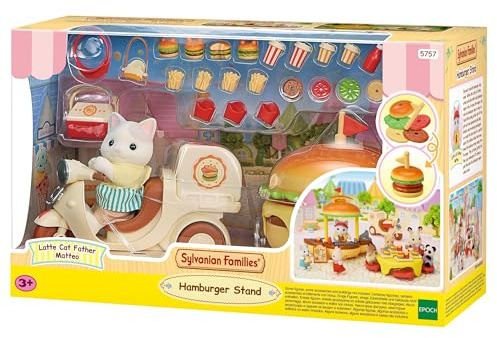 Sylvanian Families - 5757 Mobiler Hamburger Imbiss mit Figur, detailreiches Spielset mit Tierfigur Milchkatze, Spielzeug für Kinder ab 3 Jahren