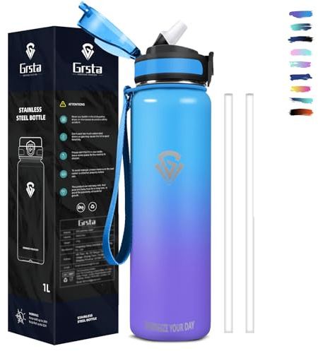 Grastra Gourde Isotherme 1L Anti-Fuite Paille Sans BPA - Bouteille d'Eau Réutilisable pour Randonnée, École, Bureau, Sport, Outdoor - Facile à Ouvrir