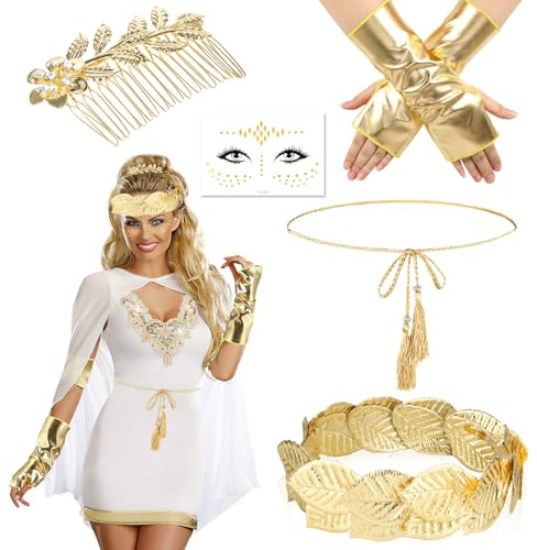 DPKOW Damen Griechische Göttin Kostüm Zubehör, Lorbeerkranz Kopfschmuck Gold Handschuhe Gürtel Haarspange Gesichtstattoo, Römische Göttin Kronen Kopfbedeckung Damen Karneval Braut Kostüm Zubehör