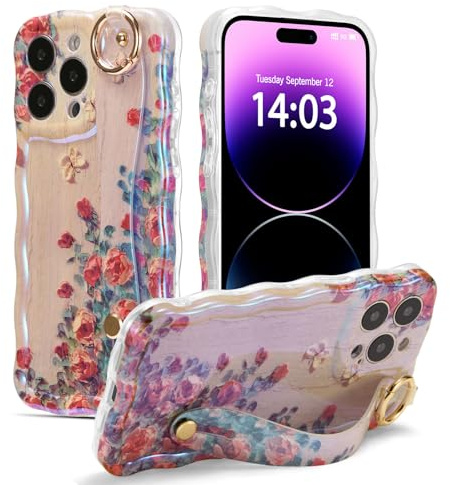 EYZUTAK Case with Hand Strap for iPhone 14 Pro Max, Colorful Oil Painting Flower With Wristband Kickstand Laser Curly Wave Edge Phone Cover Stylish Durable TPU Protective Case for Women - Beige
