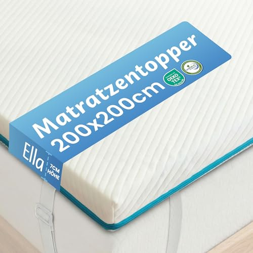Ella Topper 200x200cm H3 H2 7cm hoch, Matratzentopper mit Elastischer und Rutschfester Unterseite, Gel Memory Schaum, Öko-Tex & CertiPUR zertifizierter Visco Thick Mattress Topper