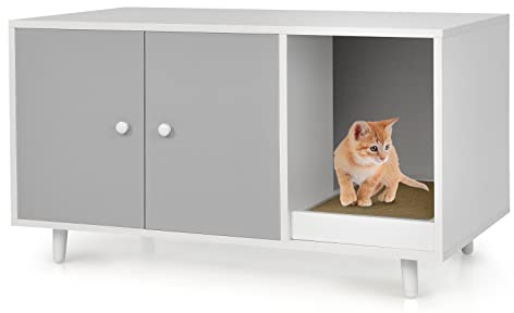 GYMAX Casetta per Gatti, con Doppia-anta, Usata come Tavolino da Caffè, Struttura Resistente in Legno e Metallo, Stile Industriale, Ideale per Interno, 90 x 50 x 50 cm (Grigio)