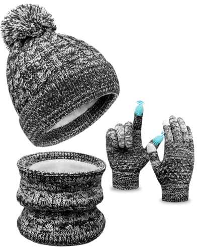 Kids Winter Hat Gloves Scarf Set, Toddler Children Girls Boys Beanie Hat Knitted Mittens & Neck Gaiter Warmer for Kids 3-10