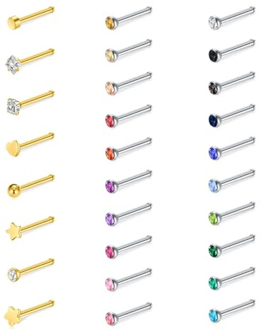 WillTen 30 Stück Gerade Nasenpiercing Gold, 20G Nasenstecker aus Edelstahl Kleine Nasenpiercing Stecker, Winziger Nostril Nase Nose Nasen Piercing Stecker für Frauen