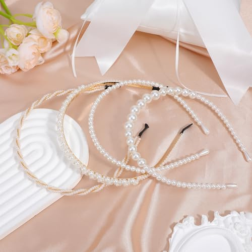 4 Pack Pearl Headband White Gold Girl Pearl Headbands Metal Thin Head Band, Artificial Pearls Headpiece Hair Accessories for Women Girls, Bridal Wedding Party Hair Hoop