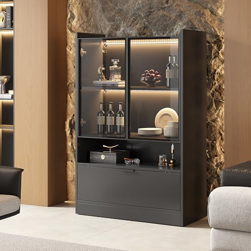 Rosebibi Vetrina moderna con LED, colore nero opaco, altezza 120 cm, con illuminazione LED a 16 colori, vetrina in vetro con illuminazione, armadio per soggiorno con porte in vetro e porta a battente