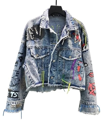 GXMDSGZ Frauen Diamanten Perlen Buchstaben Graffiti Denim Mantel Löcher Nieten Quasten Denim Jacke(M)