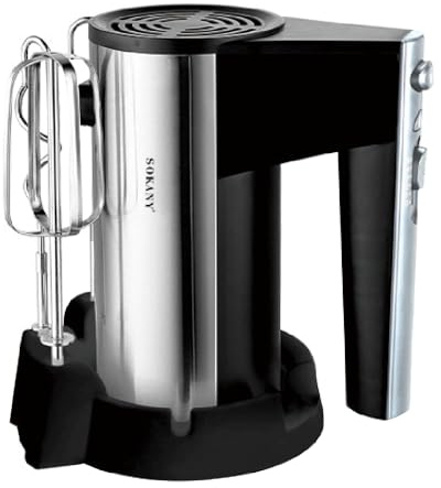 SOKANY Frullatore manuale da 300 W – 5 livelli & funzione Turbo & espulsione I mixer a mano agitatore manuale con 2 fruste e 2 ganci per impastare e 1 base (nero/argento)