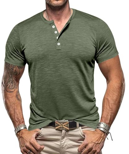 Volemo Tee Shirt Homme Henley Tshirt Bouton Vêtements Taille Normale T-Shirts à Manches Courtes Vert XXXL