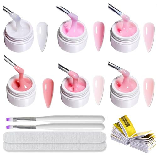 6 Couleurs Gel Construction Ongle UV, Gel de Construction pour Extension Renforcement et Réparation d'Ongle, Kit Rose Nude Blanc DIY Nail Art pour Débutant