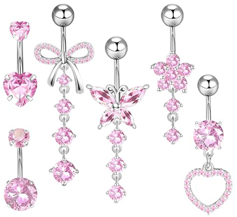 Lucxhcky Lot de 6 piercings de nombril en acier chirurgical - Faux piercing de nombril - Bijoux pour femme - Pendentif papillon, cœur, fleur