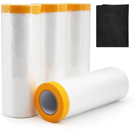 Yuaerbuo 4 Rouleau Bache Protection Peinture avec Adhesif et Chiffon de Nettoyage, 270cm*20m Transparente Bache de Protection Peinture en Rouleau Bâche Peintures avec Scotch pour Sol Automobile Meuble
